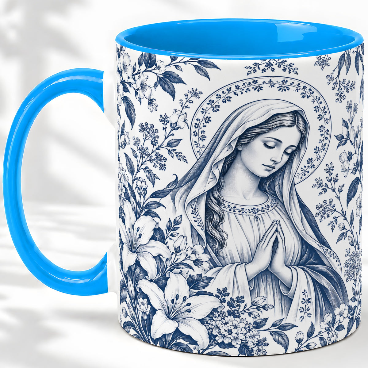 #pl[11oz|Blue] Praying Woman Floral Accent Mug, Ceramic Mug with Faith Artwork