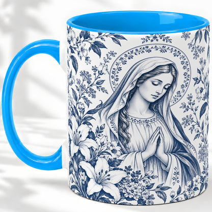 #pl[11oz|Blue] Praying Woman Floral Accent Mug, Ceramic Mug with Faith Artwork