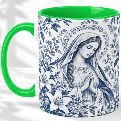 #pl[11oz|Green] Praying Woman Floral Accent Mug, Ceramic Mug with Faith Artwork
