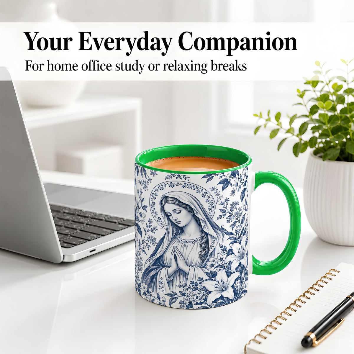#pl[11oz|Green] Praying Woman Floral Accent Mug, Ceramic Mug with Faith Artwork