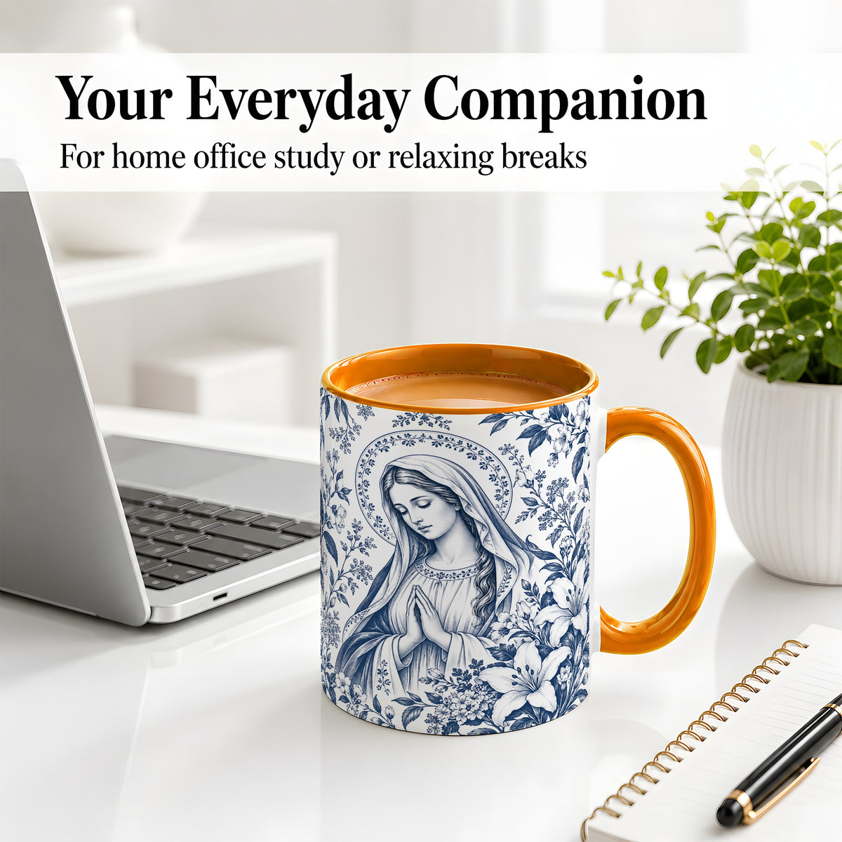 #pl[11oz|Orange] Praying Woman Floral Accent Mug, Ceramic Mug with Faith Artwork