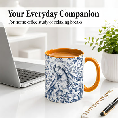 #pl[11oz|Orange] Praying Woman Floral Accent Mug, Ceramic Mug with Faith Artwork