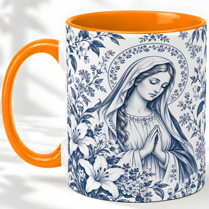 #pl[11oz|Orange] Praying Woman Floral Accent Mug, Ceramic Mug with Faith Artwork