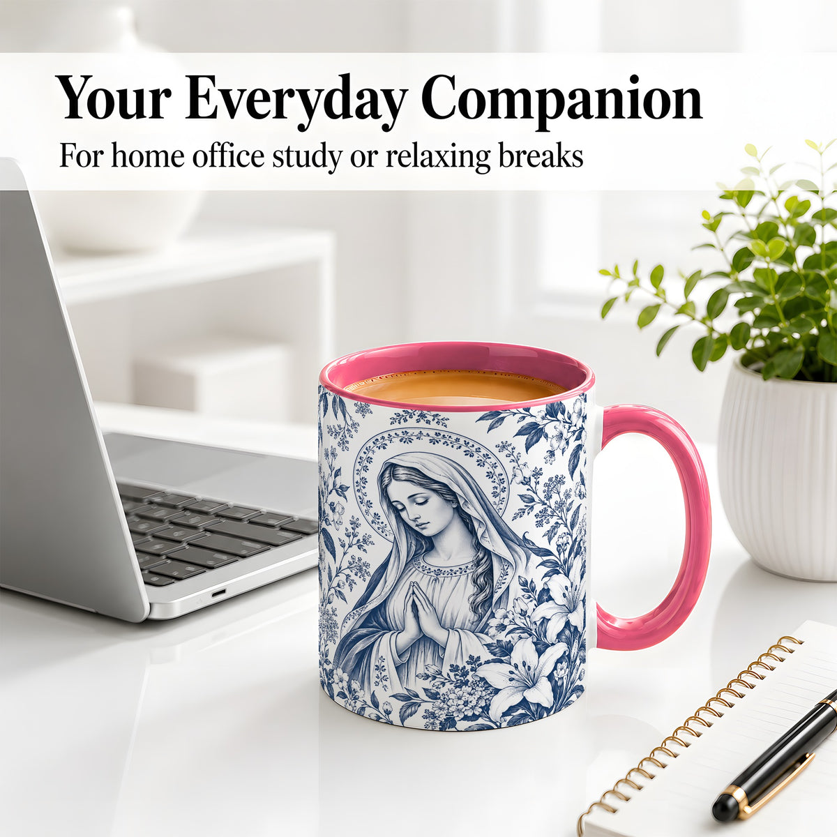 #pl[11oz|Pink] Praying Woman Floral Accent Mug, Ceramic Mug with Faith Artwork