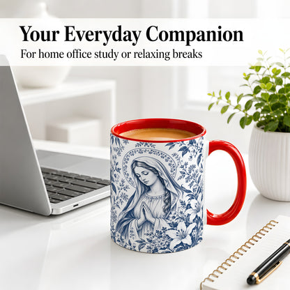 #pl[11oz|Red] Praying Woman Floral Accent Mug, Ceramic Mug with Faith Artwork