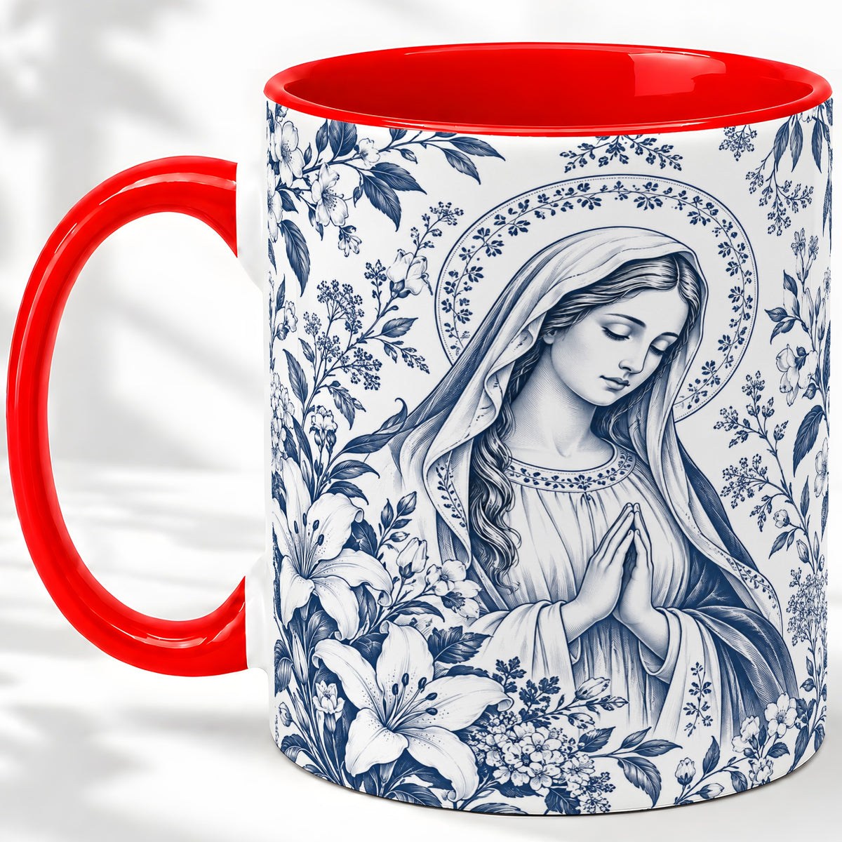 Praying Woman Floral Accent Mug, Ceramic Mug with Faith Artwork