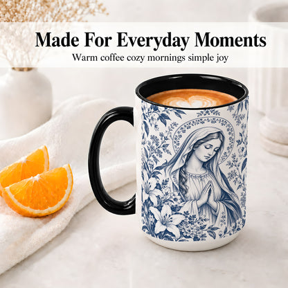 #pl[15oz|Black] Praying Woman Floral Accent Mug, Ceramic Mug with Faith Artwork