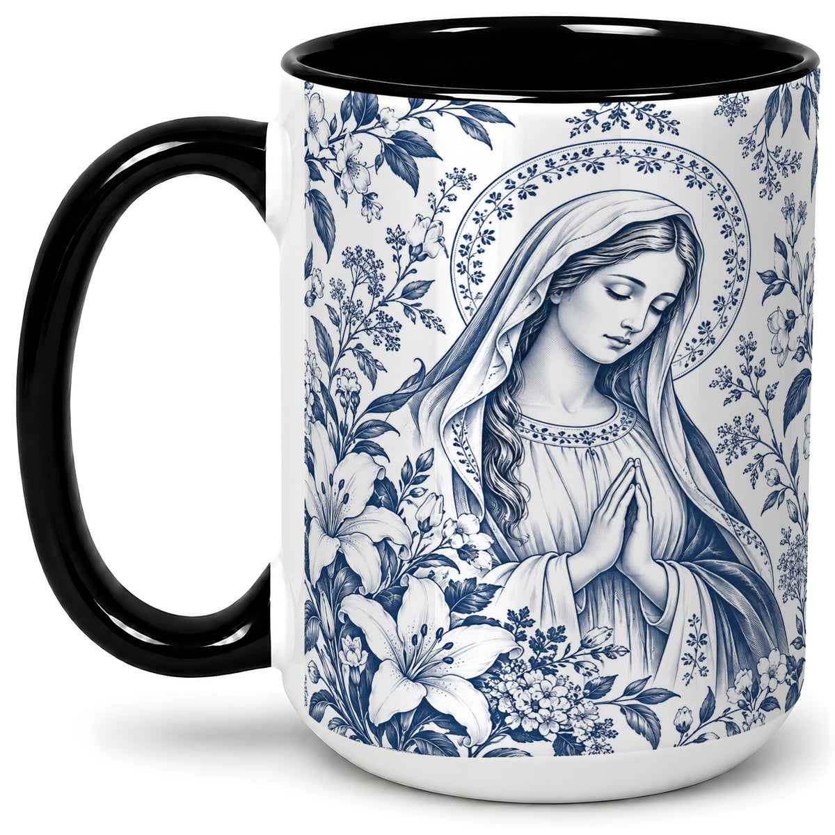 #pl[15oz|Black] Praying Woman Floral Accent Mug, Ceramic Mug with Faith Artwork