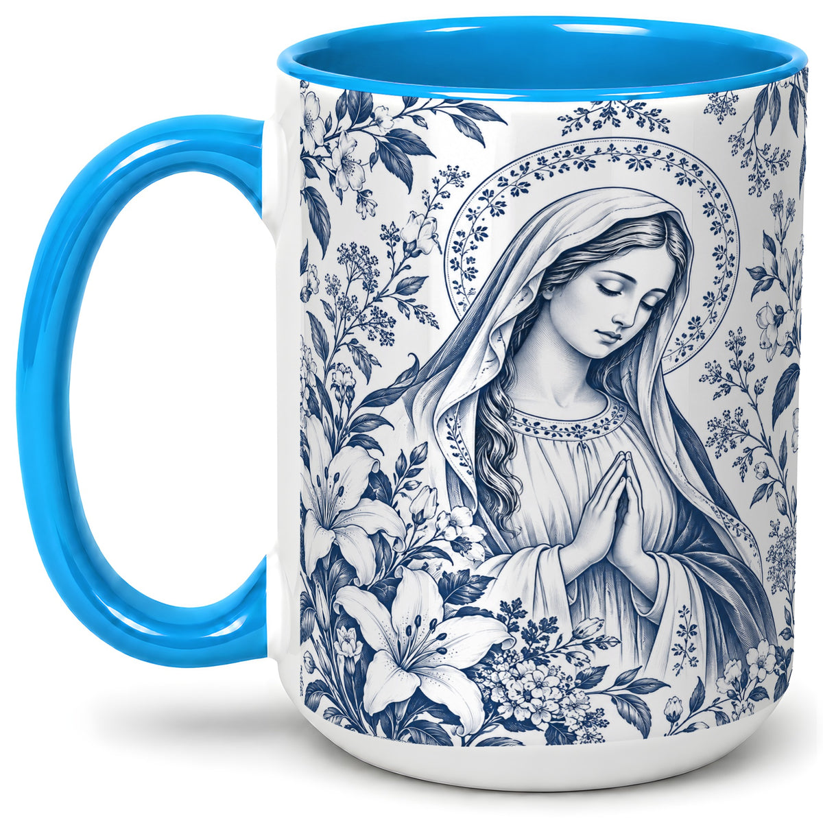 #pl[15oz|Blue] Praying Woman Floral Accent Mug, Ceramic Mug with Faith Artwork