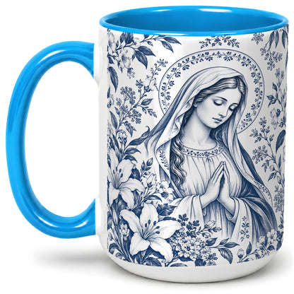 #pl[15oz|Blue] Praying Woman Floral Accent Mug, Ceramic Mug with Faith Artwork