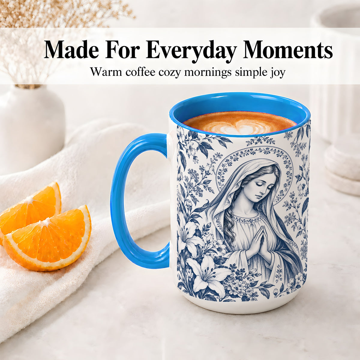 #pl[15oz|Blue] Praying Woman Floral Accent Mug, Ceramic Mug with Faith Artwork