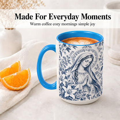 #pl[15oz|Blue] Praying Woman Floral Accent Mug, Ceramic Mug with Faith Artwork