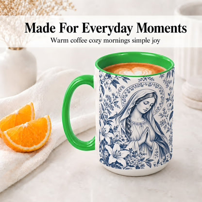 #pl[15oz|Green] Praying Woman Floral Accent Mug, Ceramic Mug with Faith Artwork