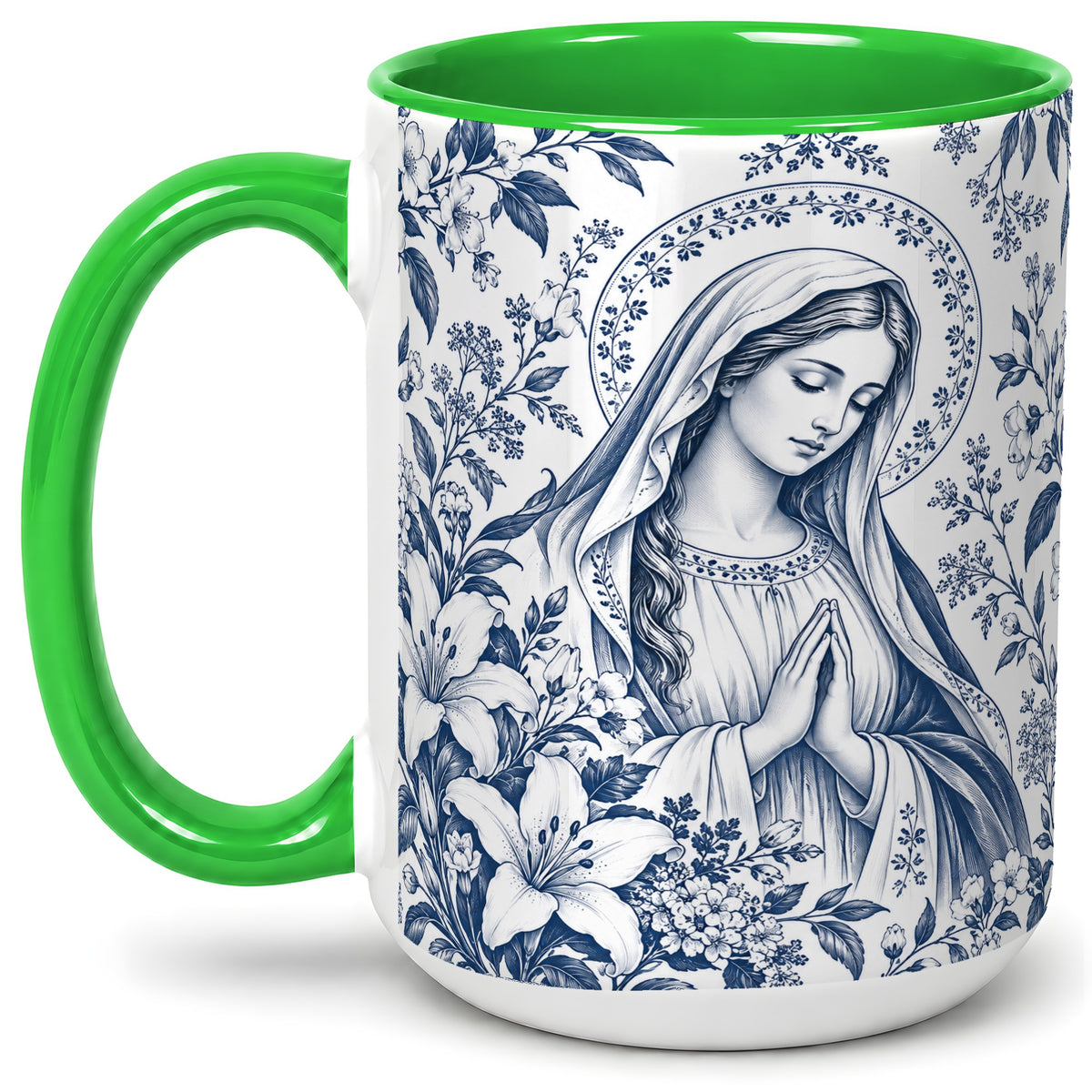 #pl[15oz|Green] Praying Woman Floral Accent Mug, Ceramic Mug with Faith Artwork