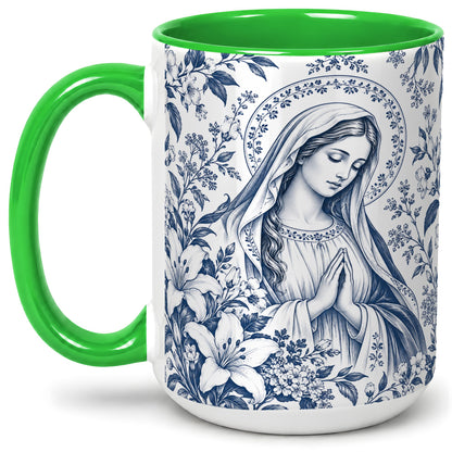 #pl[15oz|Green] Praying Woman Floral Accent Mug, Ceramic Mug with Faith Artwork