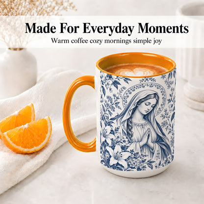 #pl[15oz|Orange] Praying Woman Floral Accent Mug, Ceramic Mug with Faith Artwork