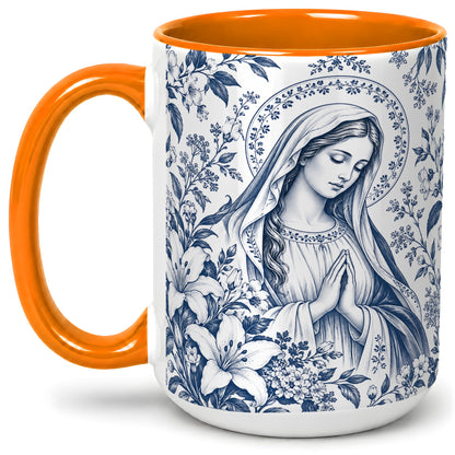 #pl[15oz|Orange] Praying Woman Floral Accent Mug, Ceramic Mug with Faith Artwork