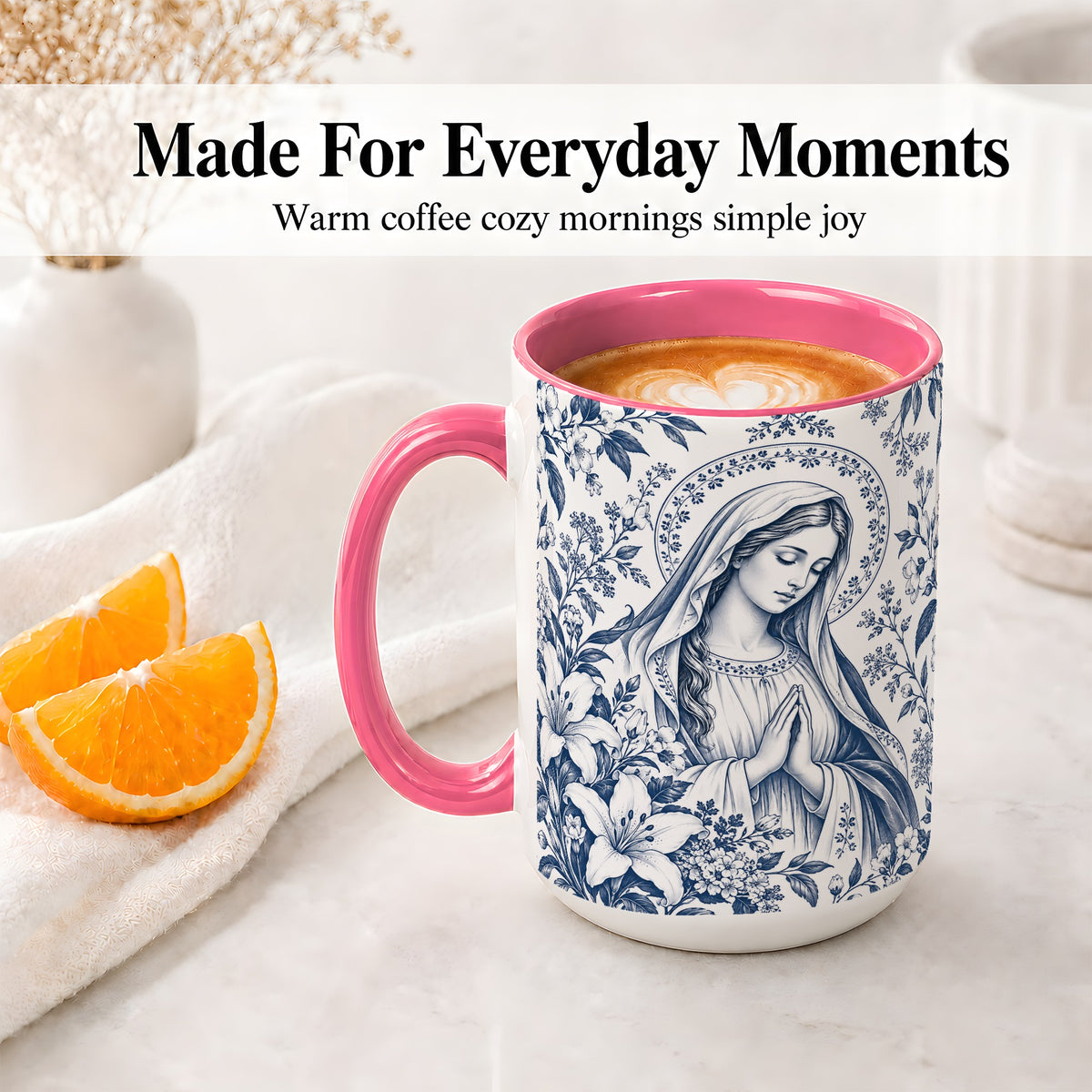 #pl[15oz|Pink] Praying Woman Floral Accent Mug, Ceramic Mug with Faith Artwork
