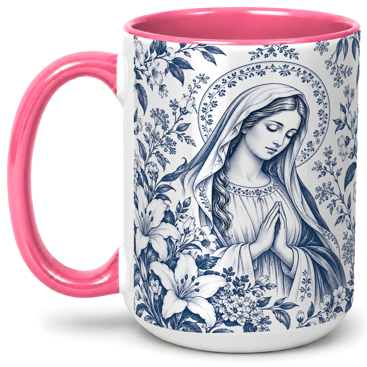 #pl[15oz|Pink] Praying Woman Floral Accent Mug, Ceramic Mug with Faith Artwork
