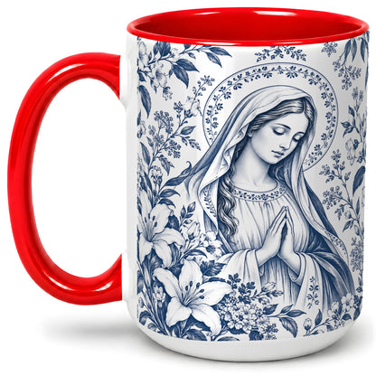 #pl[15oz|Red] Praying Woman Floral Accent Mug, Ceramic Mug with Faith Artwork