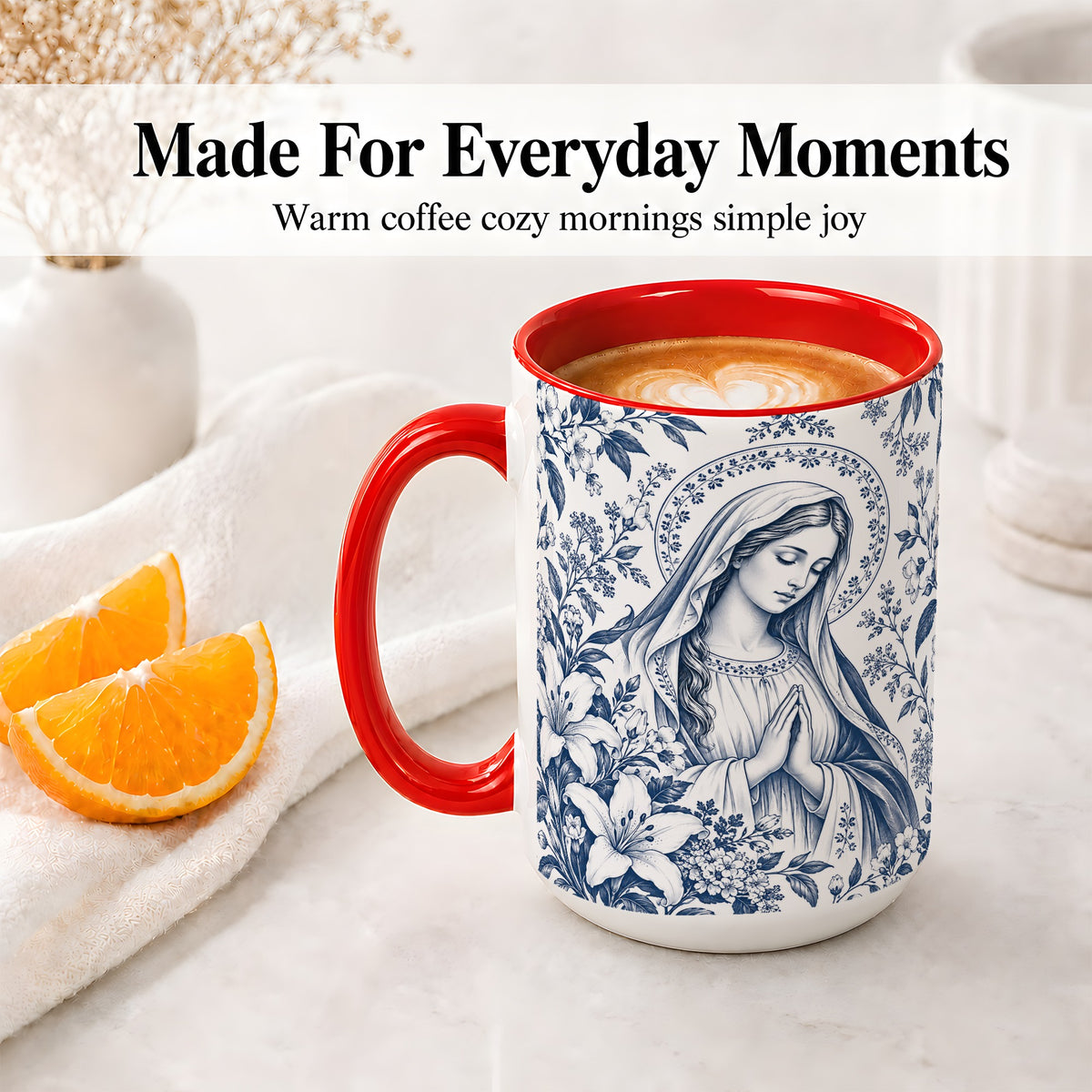 #pl[15oz|Red] Praying Woman Floral Accent Mug, Ceramic Mug with Faith Artwork