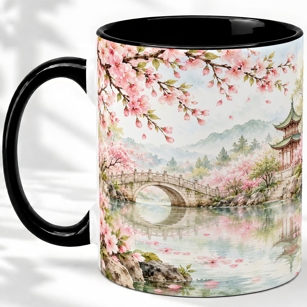 #pl[11oz|Black] Cherry Blossom Garden Accent Mug, Ceramic Mug with Asian Scenery
