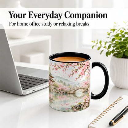 #pl[11oz|Black] Cherry Blossom Garden Accent Mug, Ceramic Mug with Asian Scenery
