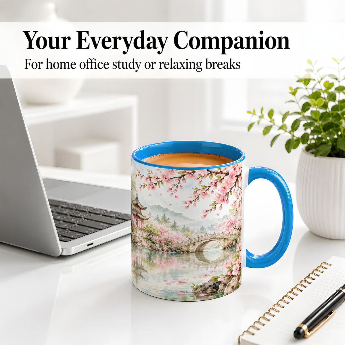 #pl[11oz|Blue] Cherry Blossom Garden Accent Mug, Ceramic Mug with Asian Scenery