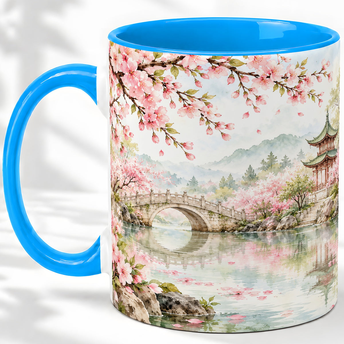 #pl[11oz|Blue] Cherry Blossom Garden Accent Mug, Ceramic Mug with Asian Scenery
