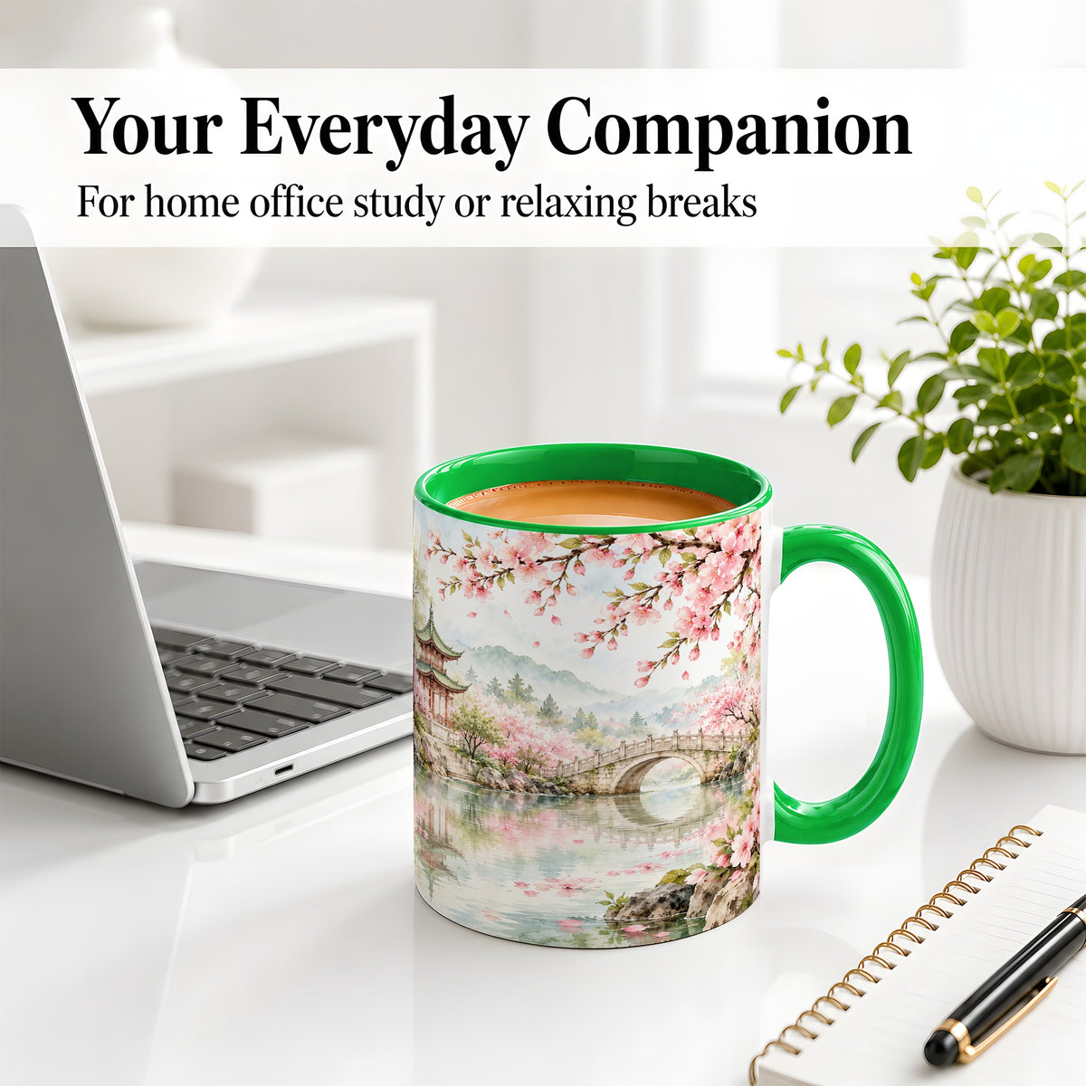 #pl[11oz|Green] Cherry Blossom Garden Accent Mug, Ceramic Mug with Asian Scenery