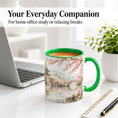 #pl[11oz|Green] Cherry Blossom Garden Accent Mug, Ceramic Mug with Asian Scenery