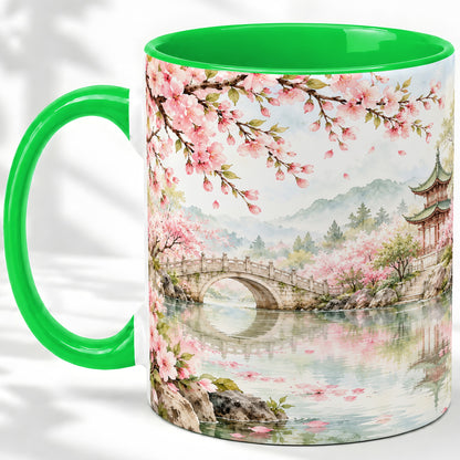 #pl[11oz|Green] Cherry Blossom Garden Accent Mug, Ceramic Mug with Asian Scenery