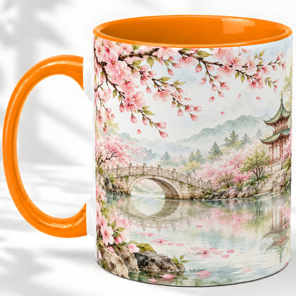 #pl[11oz|Orange] Cherry Blossom Garden Accent Mug, Ceramic Mug with Asian Scenery