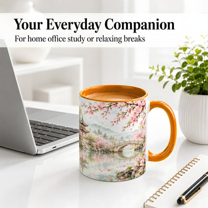 #pl[11oz|Orange] Cherry Blossom Garden Accent Mug, Ceramic Mug with Asian Scenery