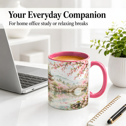 #pl[11oz|Pink] Cherry Blossom Garden Accent Mug, Ceramic Mug with Asian Scenery