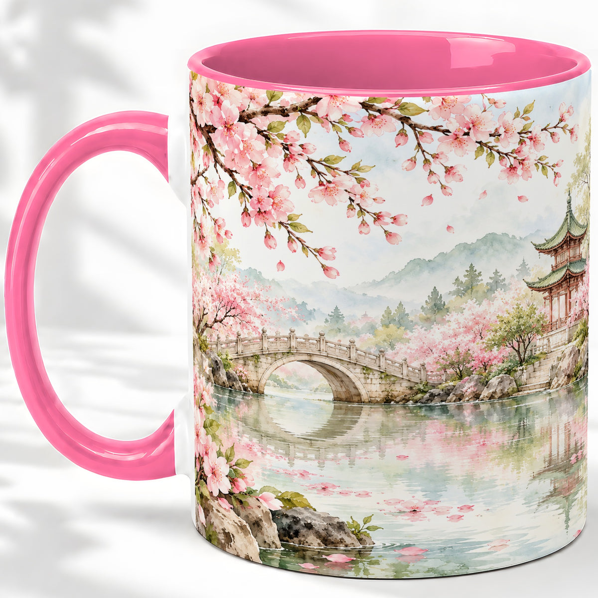 #pl[11oz|Pink] Cherry Blossom Garden Accent Mug, Ceramic Mug with Asian Scenery
