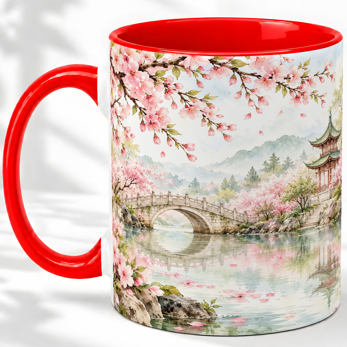 Cherry Blossom Garden Accent Mug, Ceramic Mug with Asian Scenery