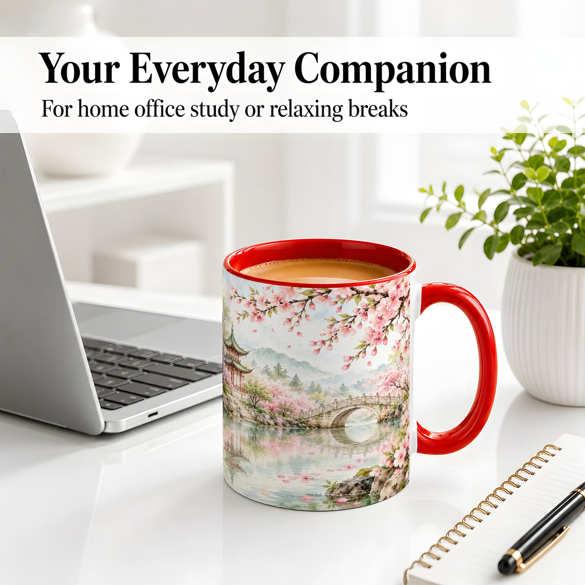 #pl[11oz|Red] Cherry Blossom Garden Accent Mug, Ceramic Mug with Asian Scenery