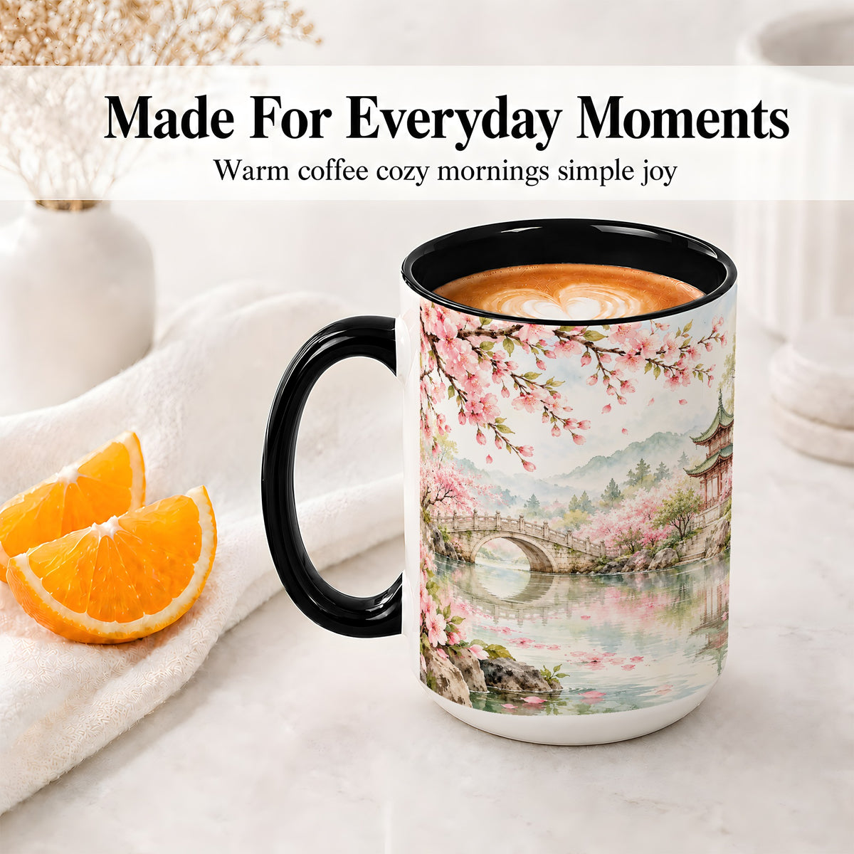#pl[15oz|Black] Cherry Blossom Garden Accent Mug, Ceramic Mug with Asian Scenery