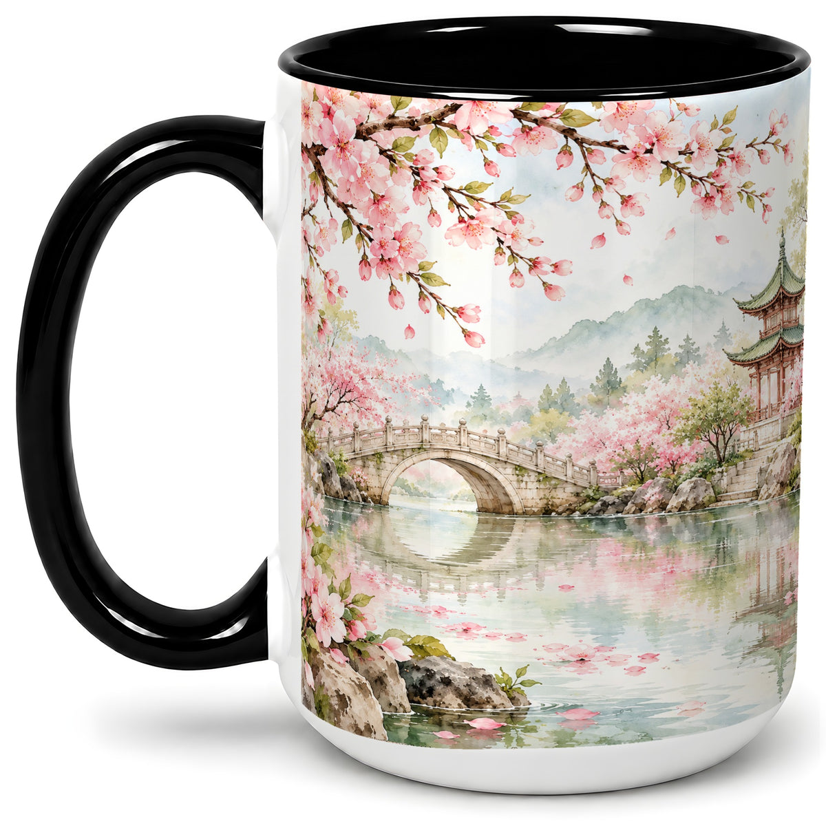 #pl[15oz|Black] Cherry Blossom Garden Accent Mug, Ceramic Mug with Asian Scenery