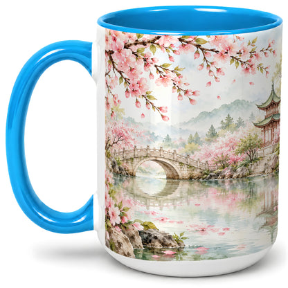 #pl[15oz|Blue] Cherry Blossom Garden Accent Mug, Ceramic Mug with Asian Scenery