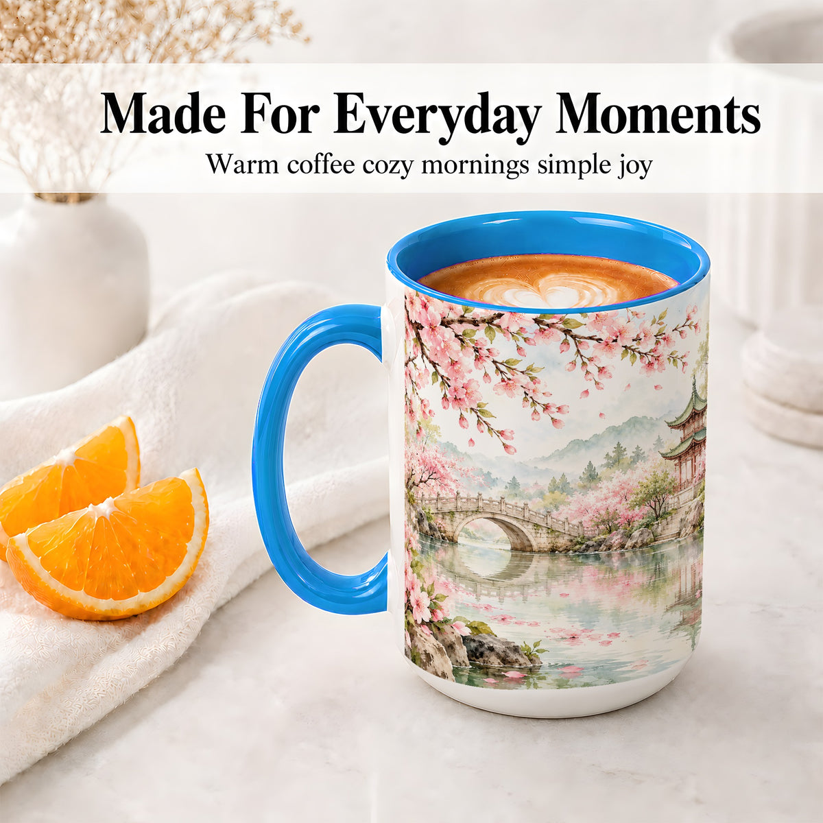 #pl[15oz|Blue] Cherry Blossom Garden Accent Mug, Ceramic Mug with Asian Scenery