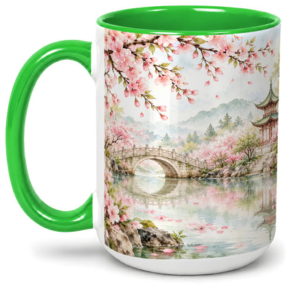 #pl[15oz|Green] Cherry Blossom Garden Accent Mug, Ceramic Mug with Asian Scenery