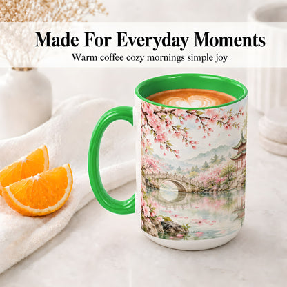 #pl[15oz|Green] Cherry Blossom Garden Accent Mug, Ceramic Mug with Asian Scenery