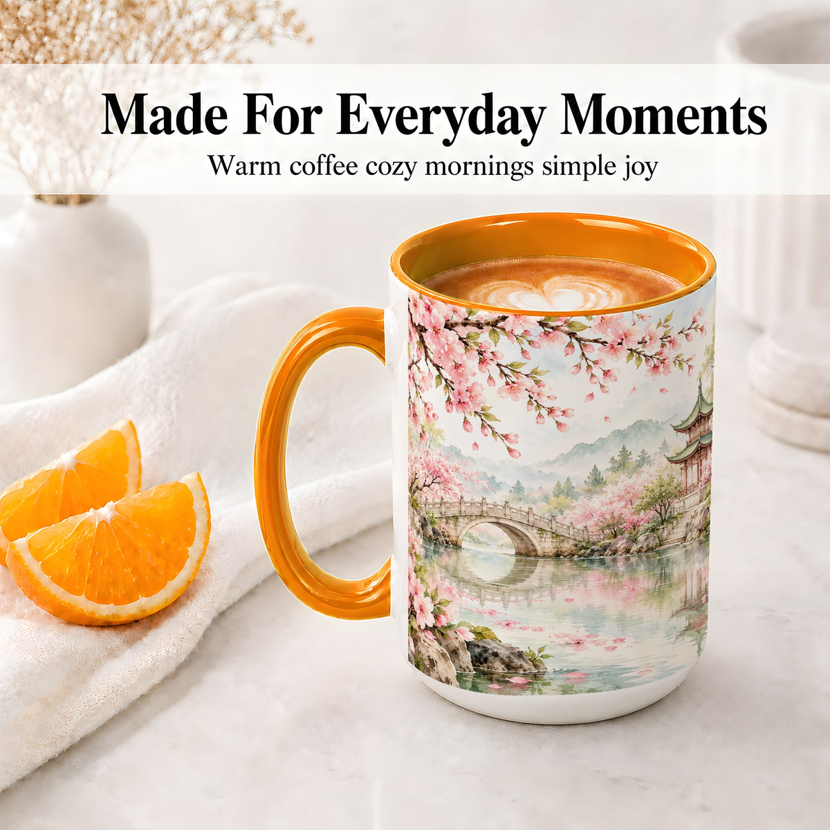 #pl[15oz|Orange] Cherry Blossom Garden Accent Mug, Ceramic Mug with Asian Scenery