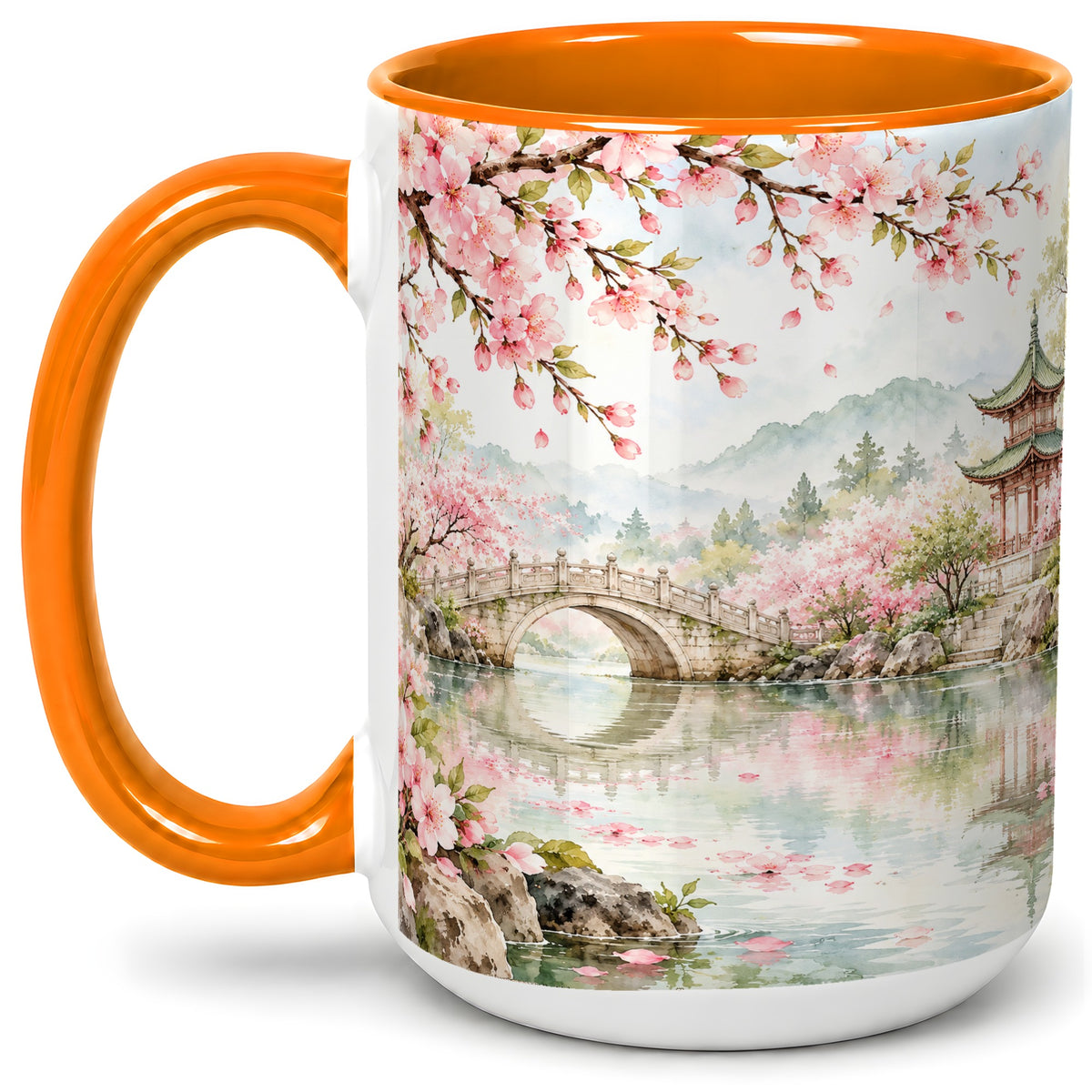 #pl[15oz|Orange] Cherry Blossom Garden Accent Mug, Ceramic Mug with Asian Scenery