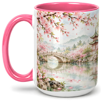#pl[15oz|Pink] Cherry Blossom Garden Accent Mug, Ceramic Mug with Asian Scenery