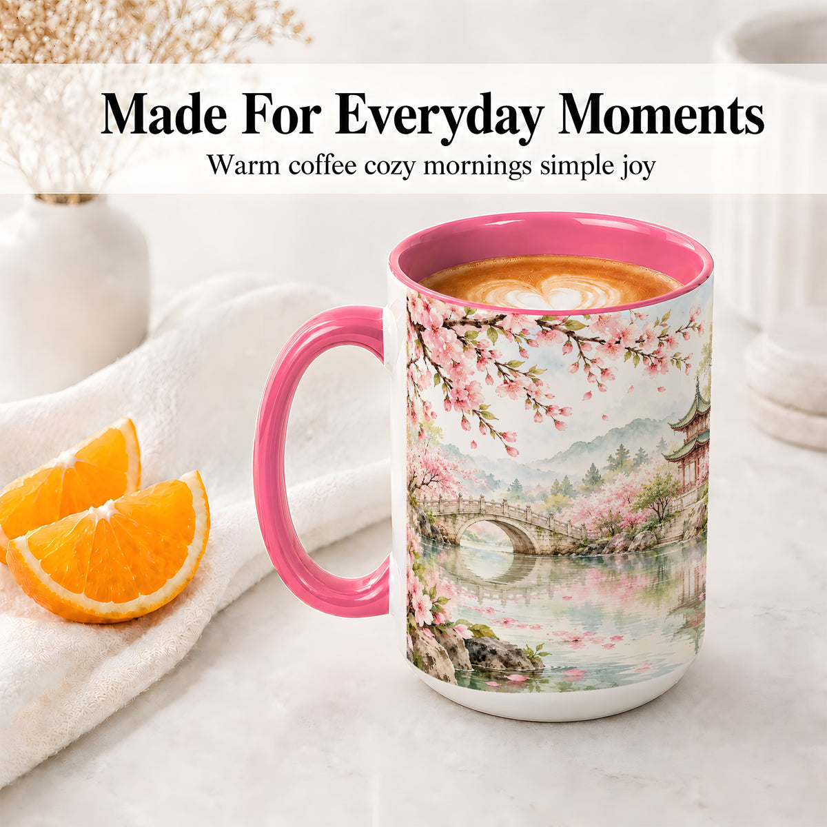 #pl[15oz|Pink] Cherry Blossom Garden Accent Mug, Ceramic Mug with Asian Scenery