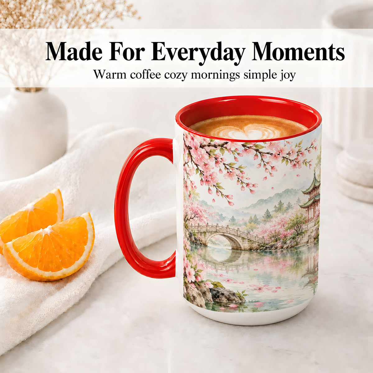 #pl[15oz|Red] Cherry Blossom Garden Accent Mug, Ceramic Mug with Asian Scenery