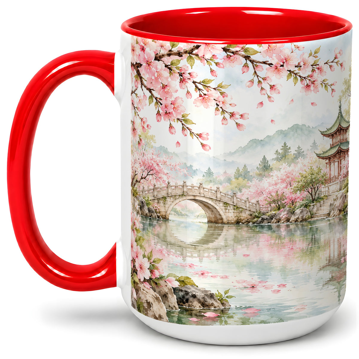 #pl[15oz|Red] Cherry Blossom Garden Accent Mug, Ceramic Mug with Asian Scenery
